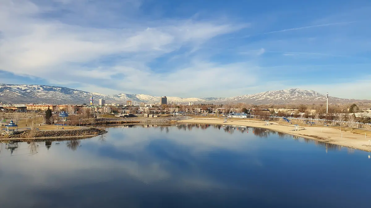 Aerial view of Reno, Nevada with the Sierra Nevada mountains in the background